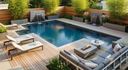 A modern backyard with a large swimming pool, wooden terrace with sunbeds, a lounge area with couches, tall plants, and a fountain