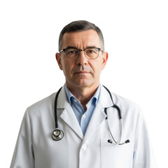 Professional male physician wearing a white coat and stethoscope displaying a calm and confident expression isolated on transparent background