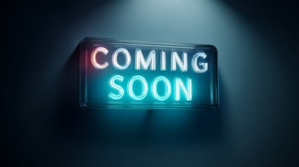 Illuminated futuristic 'Coming Soon' neon sign glowing in blue and pink with dark gradient background