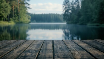 A calm lake is nestled within a verdant forest, its tranquil surface reflecting the surrounding trees and sky; a rustic wooden dock extends over the water.