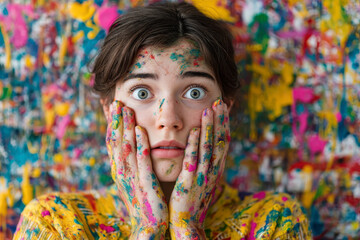 Fototapeta premium Young person with colorful paint on face and hands showing surprised expression in front of vibrant abstract background, creativity and emotional expression concept