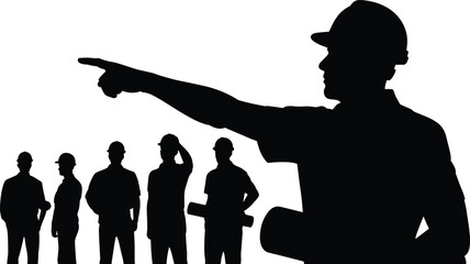 Silhouette of construction manager pointing, workers standing, teamwork supervision illustration, site foreman, project leader giving directions, construction planning team, builder crew silhouette