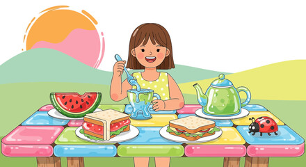 Whimsical picnic scene with a girl enjoying a tea party in a colorful cartoon landscape