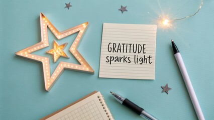 Still Life with Star Lights, Note, Pens, and Notebook on Light Blue Surface