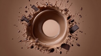 Dynamic splash of creamy brown liquid with chocolate chunks & beans, circular composition