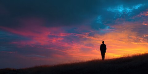 Obraz premium Silhouette of a Man Against a Stunning Sunset Landscape