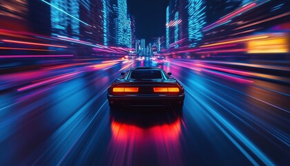 Night City Car Speeds Down The Road With A Retro Wave Neon Noir Lights Toning. Driving At Night With A Cityscape Background.