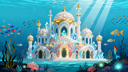 Obraz premium Fantasy Underwater Palace Fish Vector Art