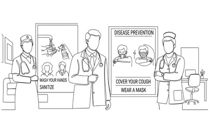 Continuous Line Illustration of Medical Professionals in Clinic – Hygiene and Disease Prevention Posters, Flat Minimalist Style