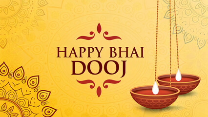 Naklejka premium Happy Bhai Dooj 2025 – Traditional Festival Greeting with Diyas and Yellow Background