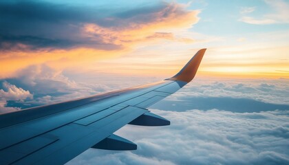 Obraz premium The image shows an airplane wing with the sunset and clouds visible from the window.