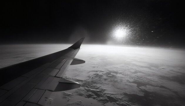 The photograph shows an airplane wing with a bright sun visible through clouds over a snowy landscape.