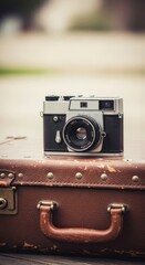 Vintage camera on weathered luggage captures timeless travel memories