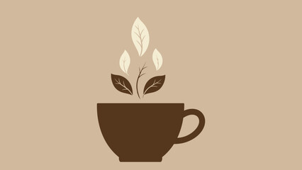 Flat vector coffee cup with rising steam shaped like leaves.