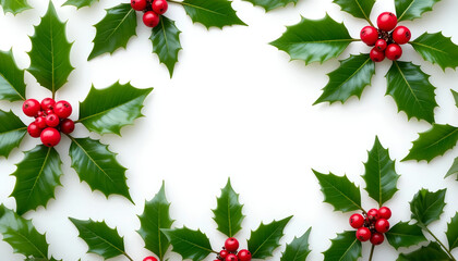 Traditional Christmas Holly Border Made of Shiny Green Leaves and Red Berries on White Background with Copy Space for Holiday Greeting Card or Season's Sale Banner