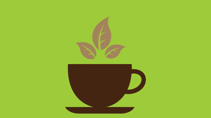 Flat vector coffee cup with rising steam shaped like leaves.