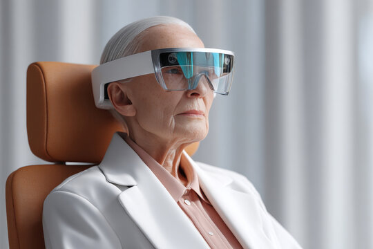 Senior woman in smart AR glasses seated in cozy home environment wearing white and peach outfit