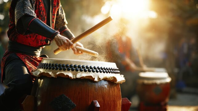 Drummer Playing Taiko Drum with Drumsticks