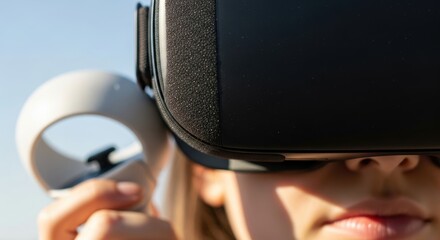 Young caucasian female experiencing virtual reality outdoors with vr headset and controller