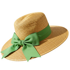 Straw sun hat with green ribbon and bow on black background