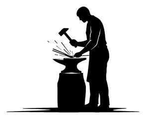 Blacksmith at Work with Hammer on Anvil Black and White Outline Line Art Drawing Simple Logo Illustration