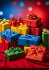 Obraz premium Vibrant Gift Boxes with Ribbons on Red Fabric Against Bokeh Lights