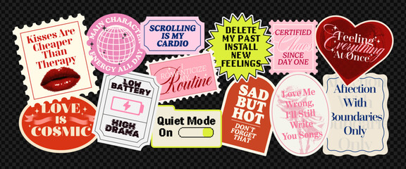 Retro aesthetic sticker kit with trendy quotes, bold typography designs, collage style labels and fun pop art phrases for scrapbooking, journalin © Teodora ART