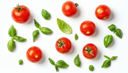 The image shows several ripe red tomatoes and fresh green basil leaves arranged on a white background.