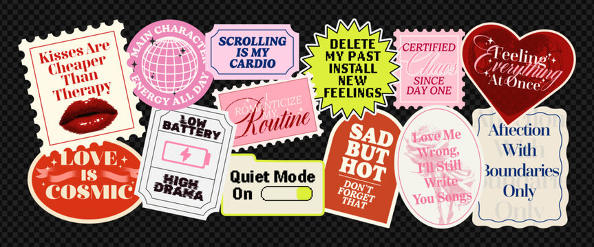 Retro aesthetic sticker kit with trendy quotes, bold typography designs, collage style labels and fun pop art phrases for scrapbooking, journalin