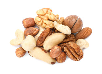 Mix of different nuts isolated on white, top view