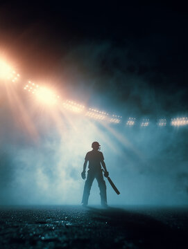 Cricket Player Silhouette Holding Bat in Stadium Spotlight - Dramatic Action Shot with Smoke, Fog, and Bright Floodlights at Night