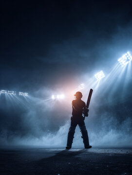 Cricket Player Silhouette Holding Bat in Stadium Spotlight - Dramatic Action Shot with Smoke, Fog, and Bright Floodlights at Night