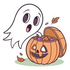 Cute cartoon ghost peeking into a pumpkin candy bucket filled with treats