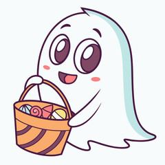 Cute cartoon ghost holding a basket full of candy