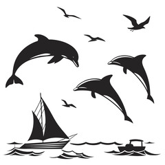 Naklejka premium Silhouettes of dolphins jumping and seagulls flying above a sailboat and motorboat on the ocean