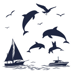 Sailboat dolphins and seagulls silhouettes on the ocean