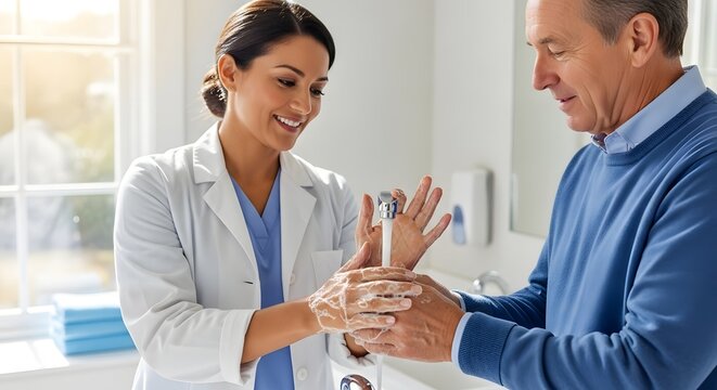 A smiling doctor demonstrates proper handwashing technique to a patient in a bathroom setting.