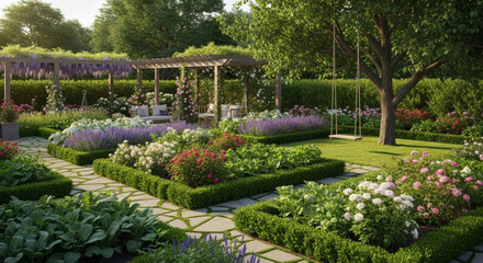 Fototapeta premium A classic garden with green vegetable beds, blooming shrubs, a small pergola, stone pathways, and a swing