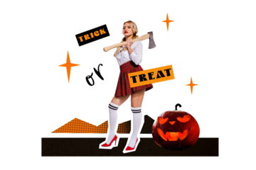 Composite trend 3D collage of halloween autumn season spooky creepy day young lady sexy hold axe lumber pumpkin scary face trick or treat