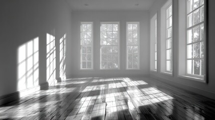 Empty sunlit room with multiple windows casting long shadows onto wooden floor