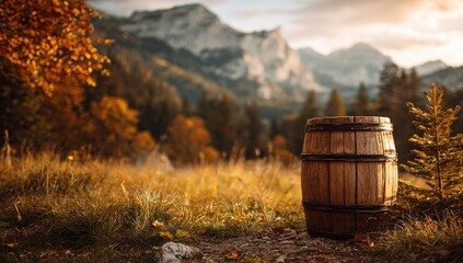 Wooden barrel in a golden field against a mountain backdrop