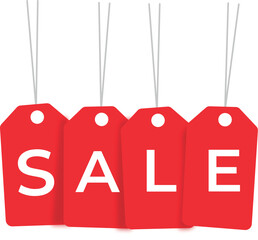 Red Sale Tags Hanging — Shopping Discount Promotion Sign