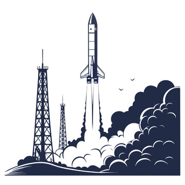 Space shuttle launching with smoke and launch towers