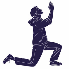 Silhouette of a person kneeling with hands clasped in prayer looking upwards