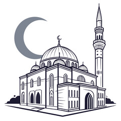 Stylized illustration of a mosque with crescent moon