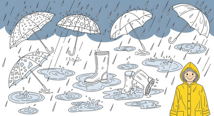 Rainy autumn day line-art. Illustrations of umbrellas, rubber boots, puddles with splashes, and falling raindrops. Refreshing palette of stormy blue, graphite grey, and a pop of vibrant yellow from a 
