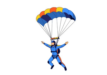 Skydiver in Freefall with Parachute, Isolated on White Background, Vector Illustration