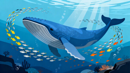 Whale with Tiny Fish Vector Art