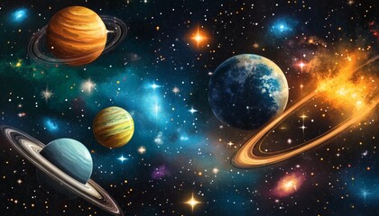 Naklejka premium The illustration shows multiple planets with rings, stars of varying brightness, and nebulae in a dark space setting.