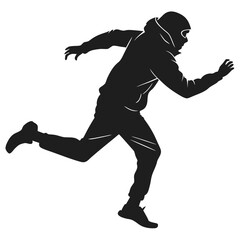 Silhouette of a person running wearing a hooded jacket and mask